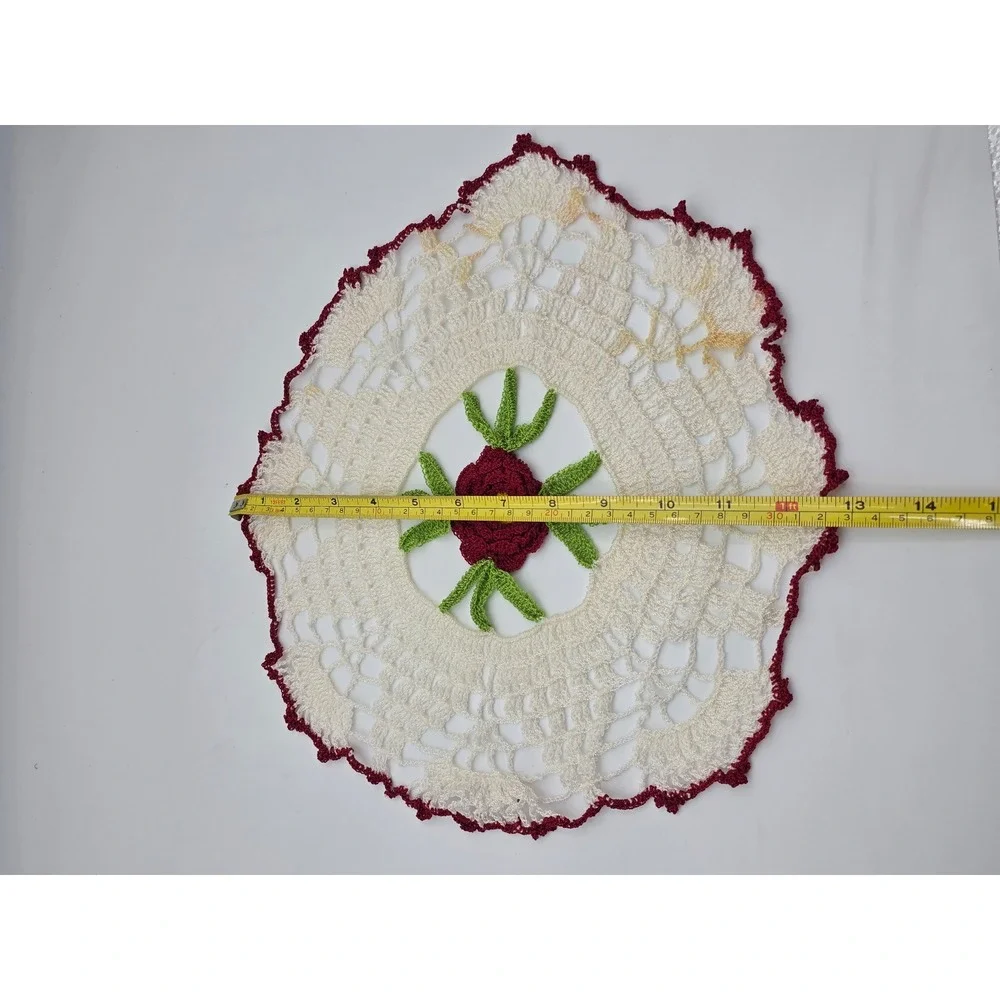Vintage Handmade Crochet Rose Doily Floral Lace 3D Centerpiece Red White 12.5 N3